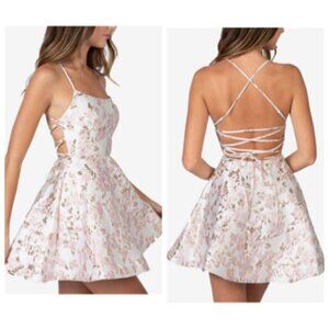 B Darlin Juniors' Lace-Up Line Floral Embroidered Jacquard A-Line Dress 13/14